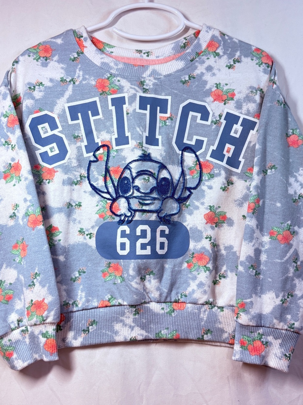 Disney Stitch 626 Floral Crewneck Sweatshirt - Light Blue, Coral